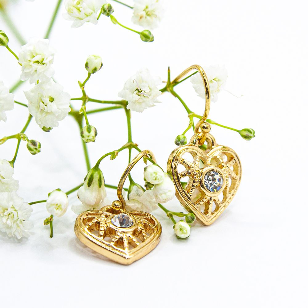 Gold Drop Filigree Heart Earrings