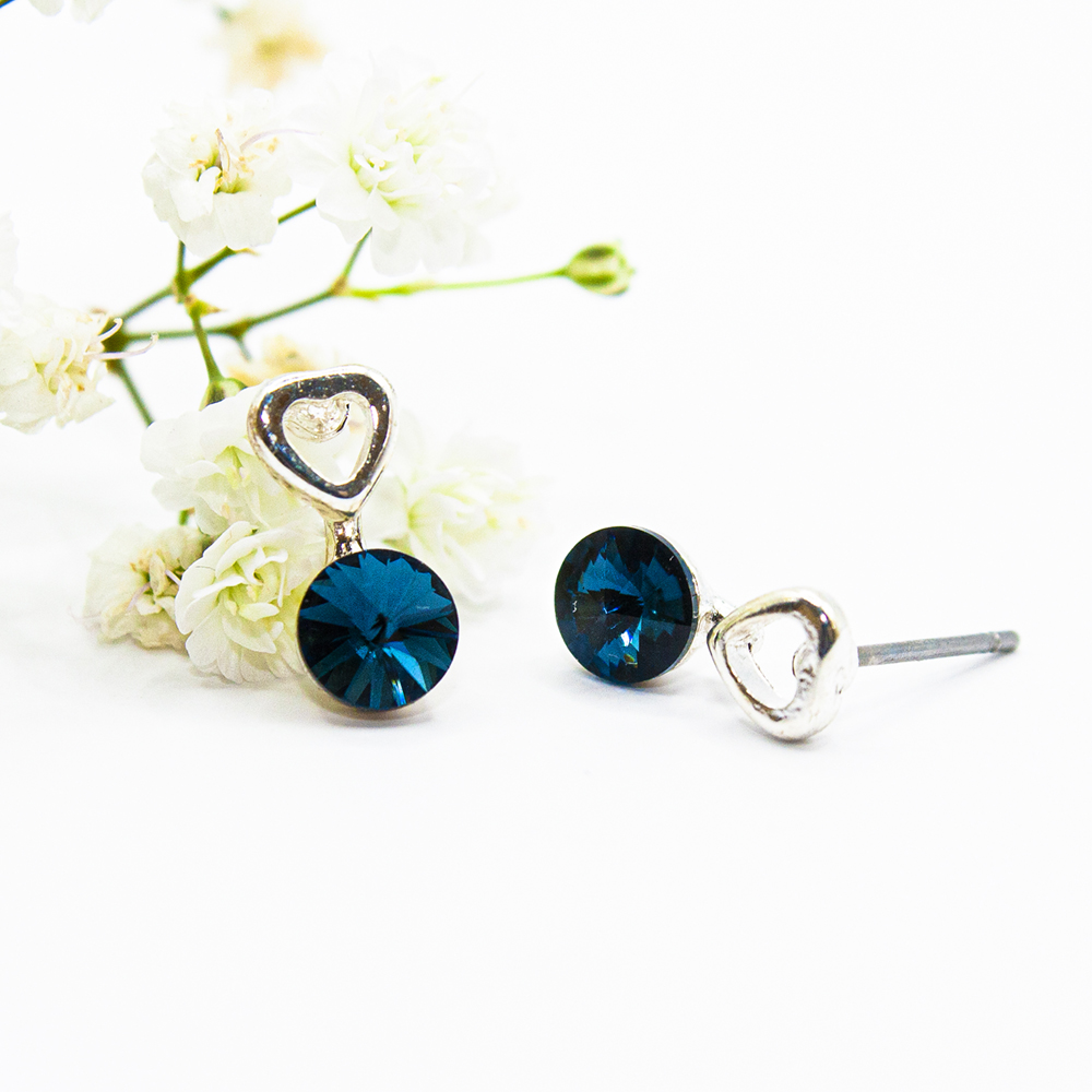 Navy Blue Crystal Heart Earrings