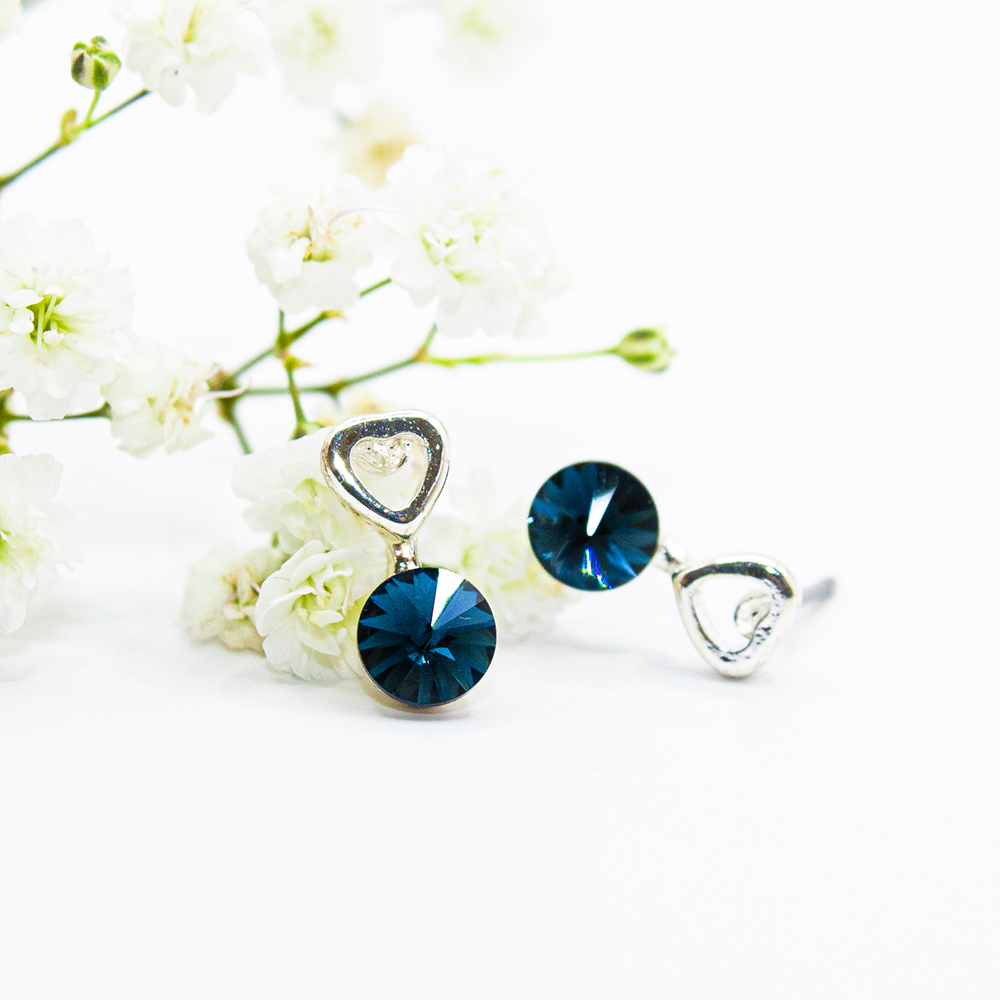 Navy Blue Crystal Heart Earrings