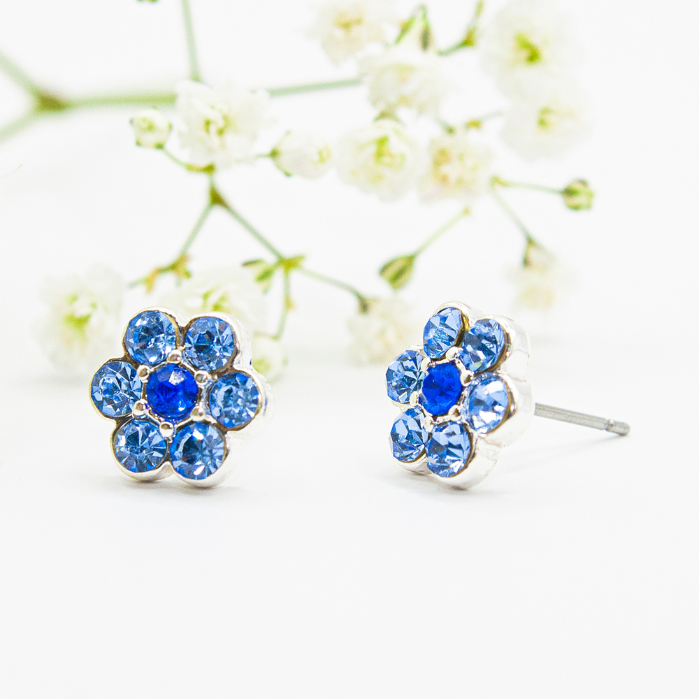 Blue Crystal Flower Stud Earrings