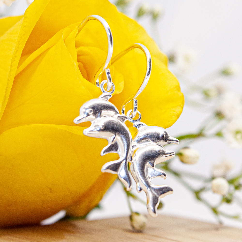 Silver Dolphin Drop Earrings
