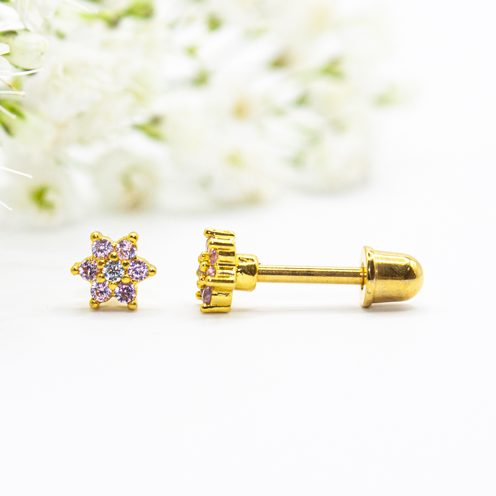 Gold Flower Studs with Amethyst CZ's - Image 3