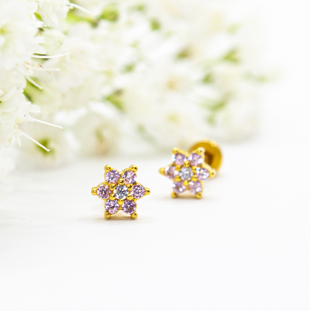 Gold Flower Studs with Amethyst CZ's - Image 5