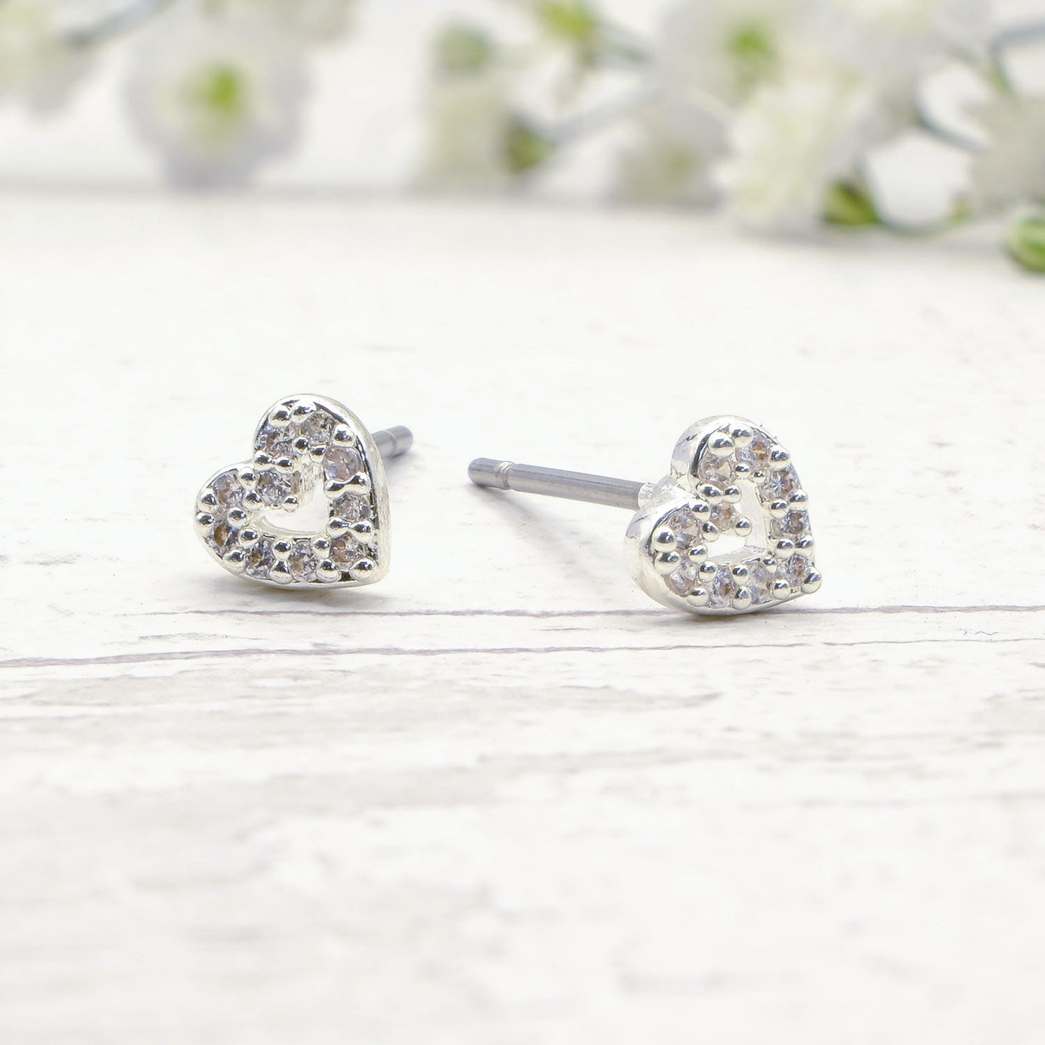 Silver Encrusted Heart Stud Earrings