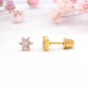 Gold Flower Studs with Amethyst CZ's