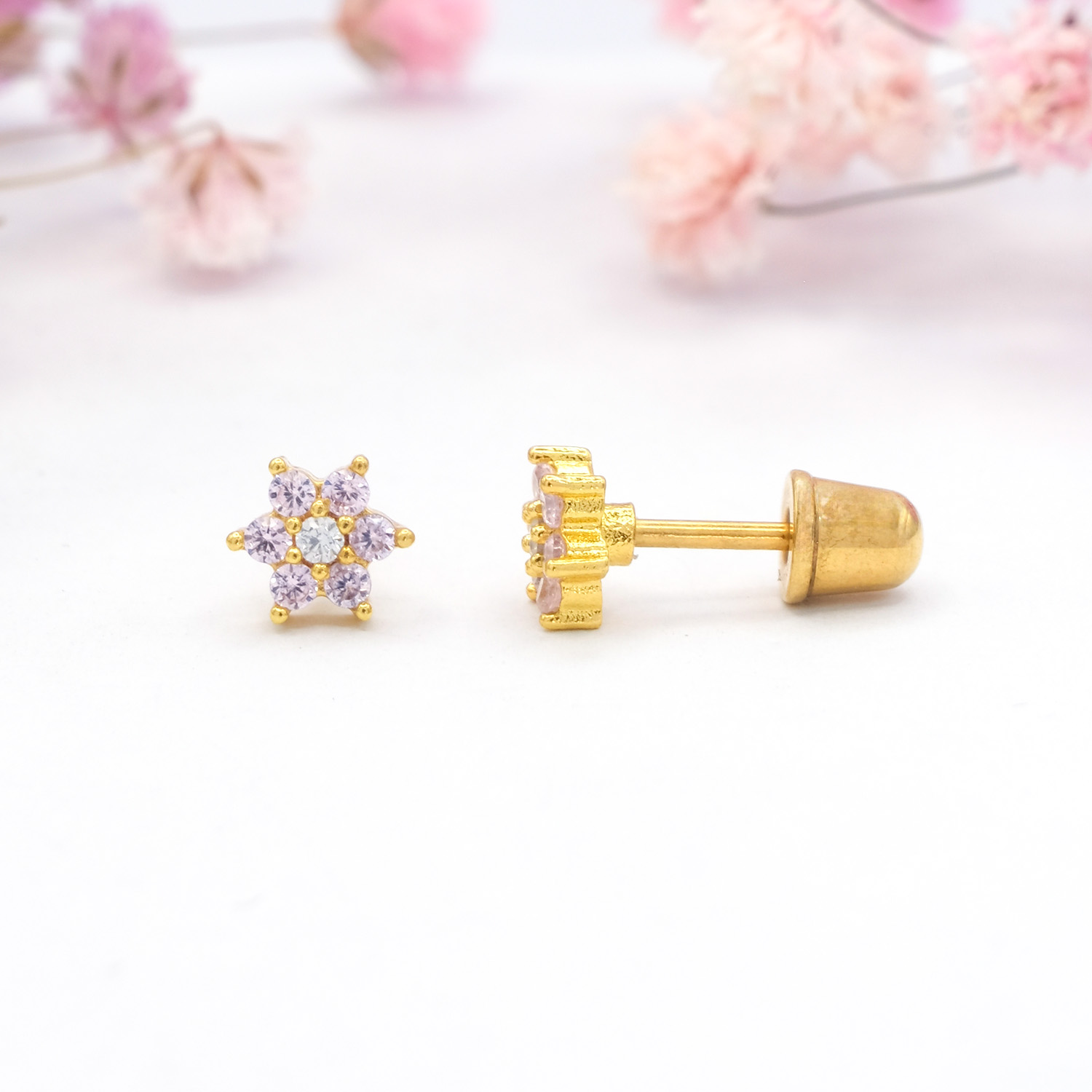 Gold Flower Studs with Amethyst CZ's