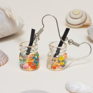 Glass With Multicoloured Beads And Straw Earrings