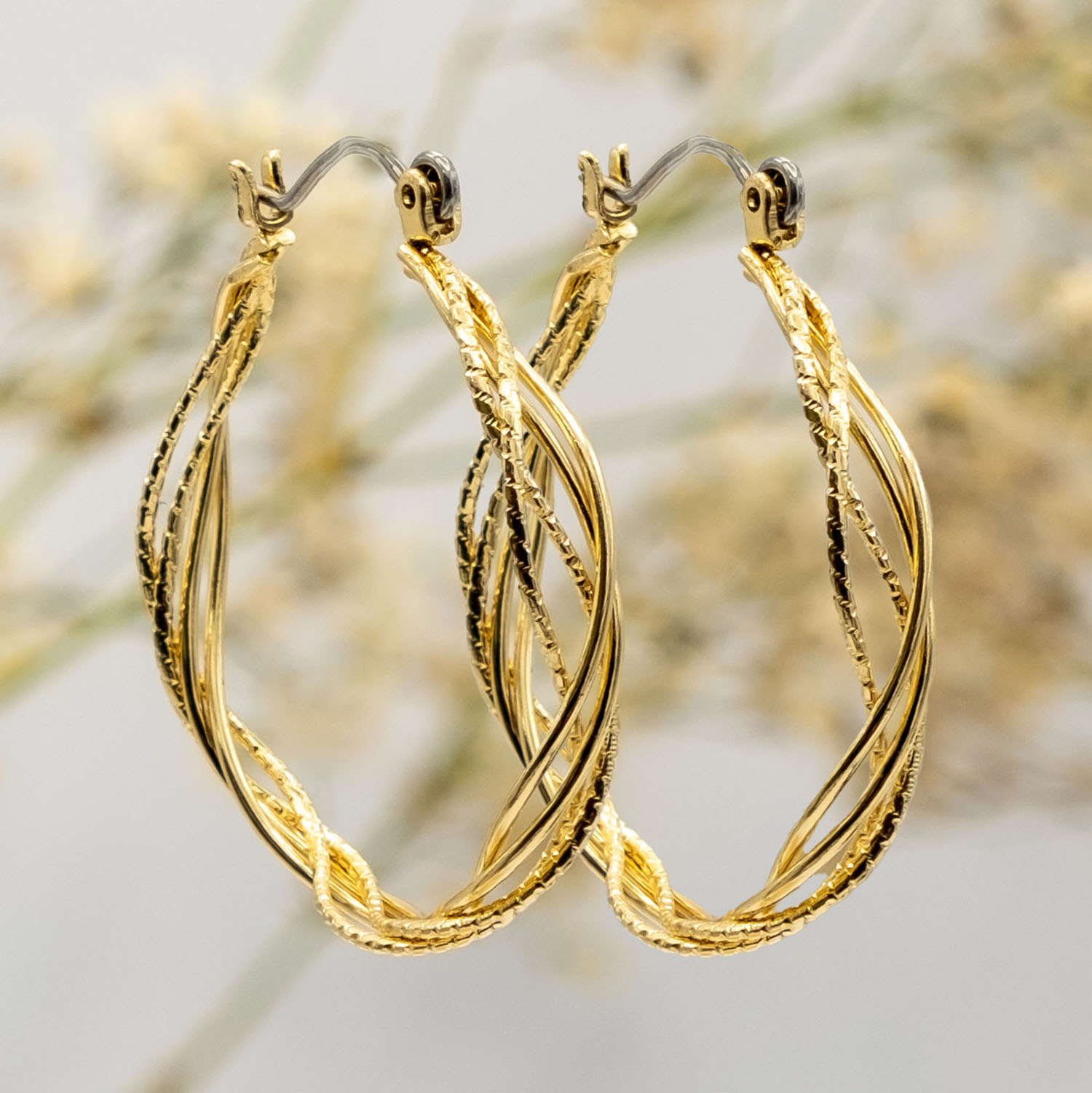 Gold Textured Twisted Hoop Earrings - Image 2