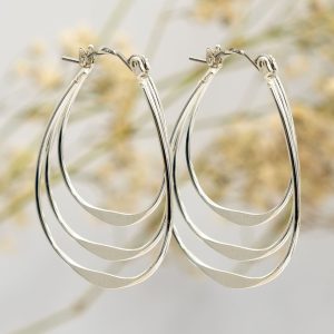 Silver Flattened Triple Layered Hoop Earrings