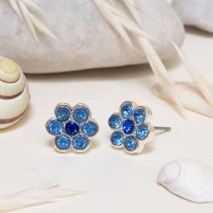 Blue Crystal Flower Stud Earrings