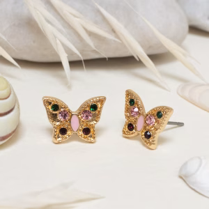 Gold Butterfly Studs With Pastel Stones