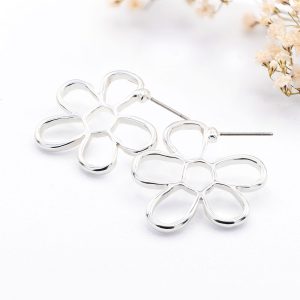 Silver Hoop Open Flower Earrings
