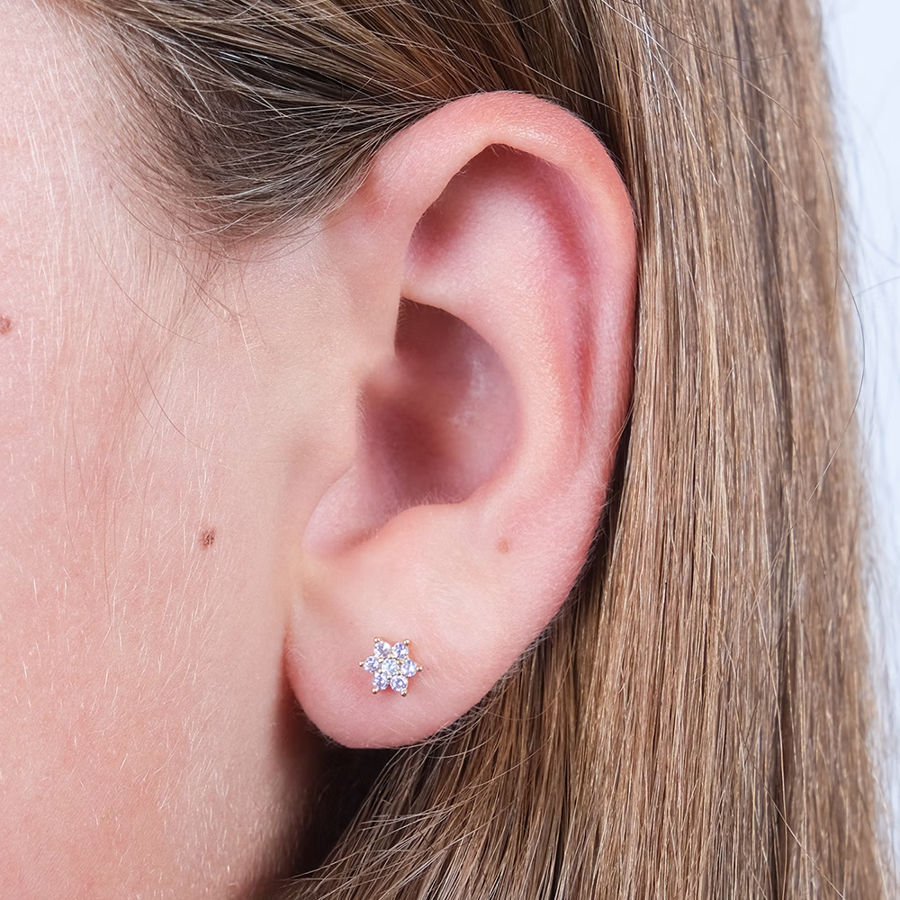 Gold Flower Studs with Amethyst CZ's - Image 2