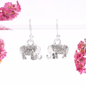 Silver Crystal Elephant Drop Earrings