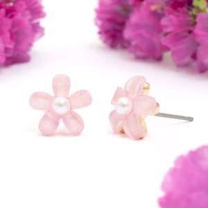 Pink Pearl Flower Stud Earrings