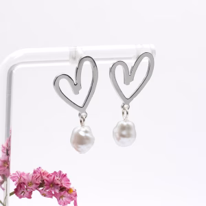 Silver Heart Pearl Drop Earrings