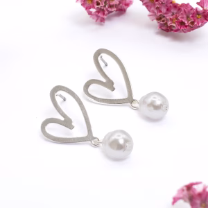Silver Heart Pearl Drop Earrings